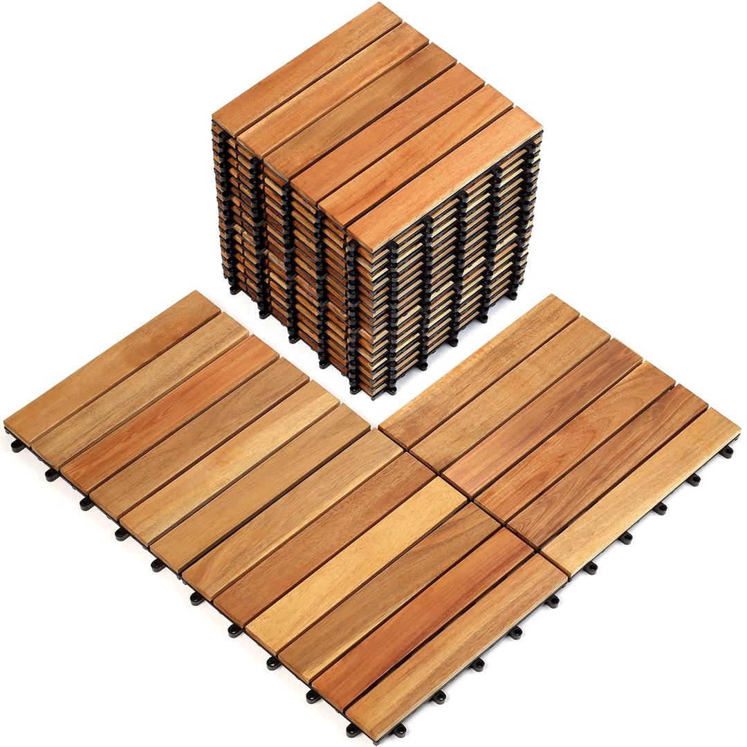 Pack of 20 Deck Tiles, Solid Acacia Wood Floor Tiles, Patio Tiles Outdoor Interlocking Waterproof All Weather (12" x 12" - 6 Slat, Golden Teak, 20)