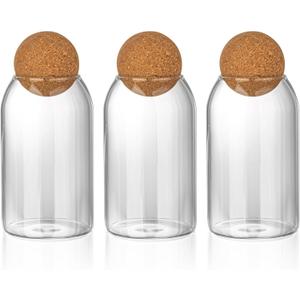 Glass Storage Jars, 3 Pcs, 800ML/27Oz - Sealed With Cork Ball Lids, Airtight Round Bottles for Coffee Beans & Nuts, Containers With Wooden Lids