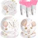 Hot Air Balloon First Birthday Decorations Tableware Girl - Hot Air Balloon Onederful Birthday Party Supplies, 1st Paper Plate, Cup, Napkin, Disposable Cutlery, Serves 24