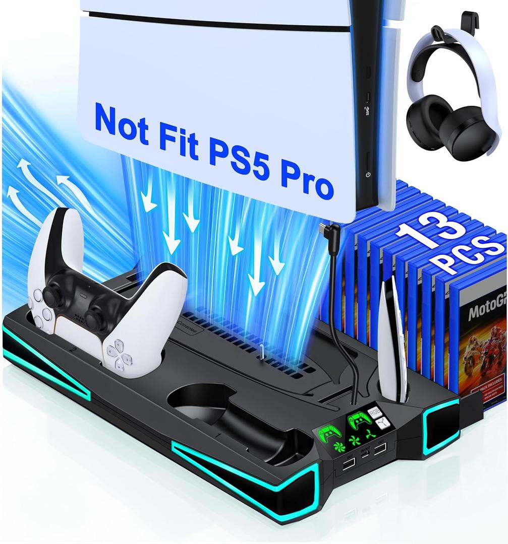 PS5 Stand, PS5/PS5 Slim Cooling Station with 3-Level Cooling Fan, Controller Charger Station for PS5 Accessories, Light, Headset Holder, 3 Charger Ports for PlayStation 5 Slim Console, Black