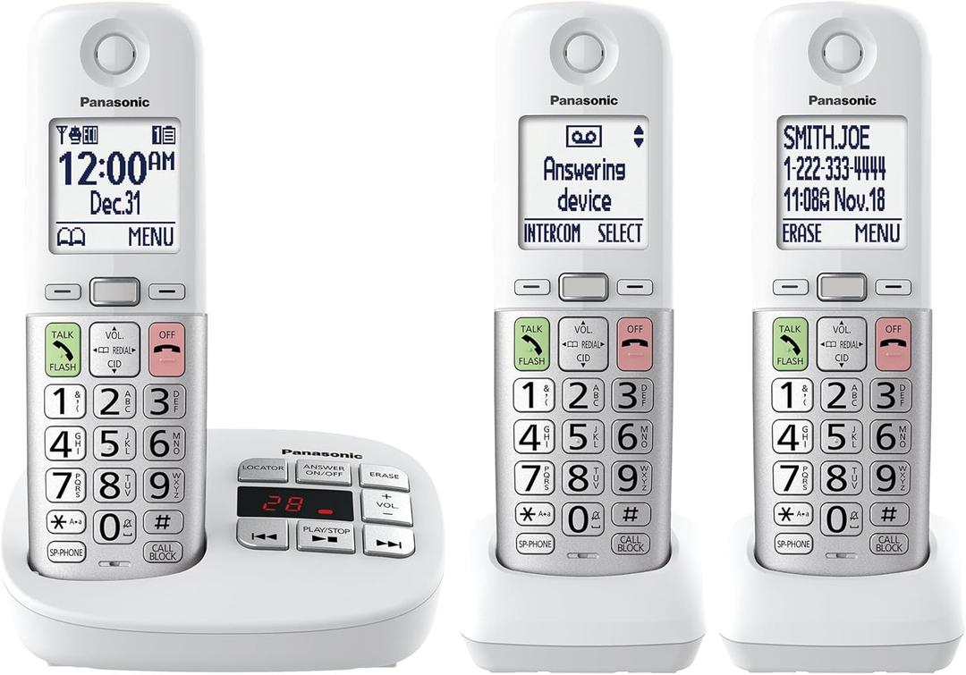 Panasonic Cordless Phone, Easy to Use with Large Display and Big Buttons, Flashing Favorites Key, Built in Flashlight, Call Block, Volume Boost, Talking Caller ID, 2 Cordless Handsets - KX-TGU433W (White)