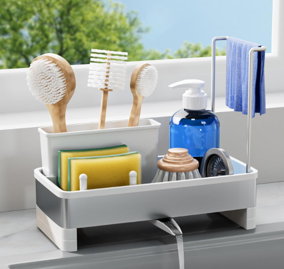 Laveshop Sponge Holder for Kitchen Sink, Rustproof Stainless Steel Sink Caddy with AutoDrain, Removable Brush Holders, Soap and Dishcloth Organizer, White