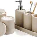 Bathroom Accessories Set, 6-Piece Bathroom Accessory Set, Toothbrush Holders Set, Soap Dispenser, Vanity Tray, Tumbler, Cotton Swab Jars, Bathroom Organizer for Modern Bathrooms, (Beige)