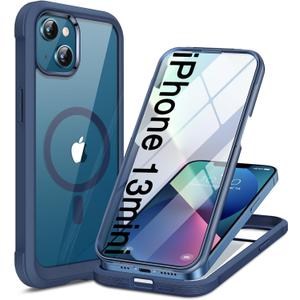 Miracase for iPhone 13 mini Case 5.4",Full-Body Protection,Clear Bumper Case with Built-in 9H Tempered Glass Screen Protector,Military-Grade Drop Protection Outdoor Phone Case for 13 mini,Dark Blue