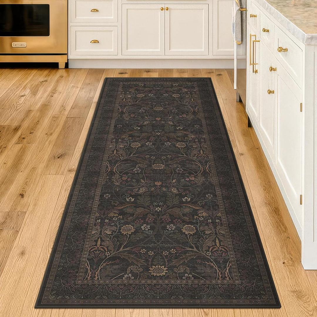 Dark Brown Washable 2x6 Kitchen Rugs Non Slip - Farmhouse Hallway Runner Rug, Non Slip Floral Botanical Bathroom Mats, Southwestern Cabin Bedroom, Hall Way Low Pile Carpet