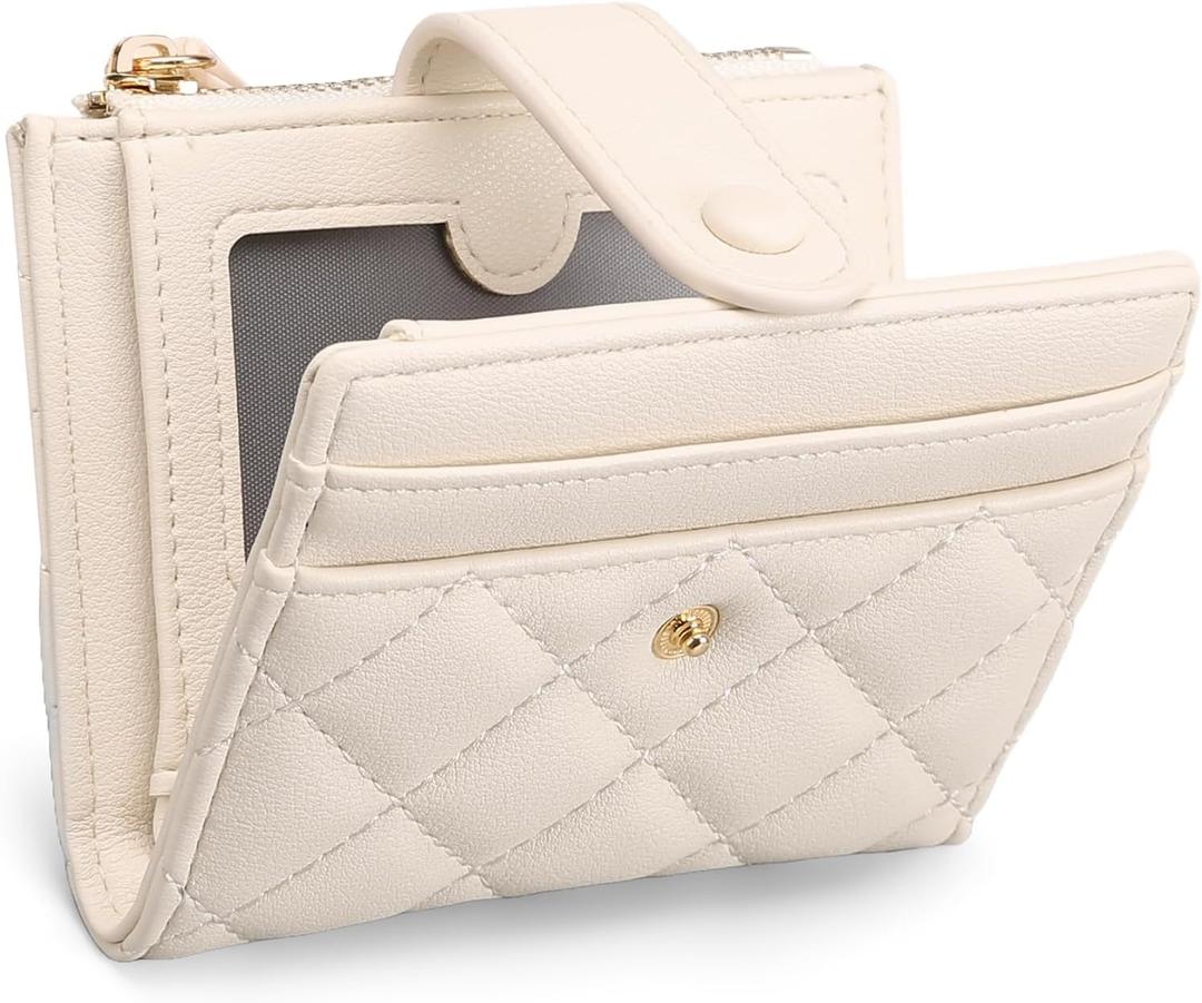 GAEKEAO Small Wallet for Women Slim Bifold Leather RFID Blocking Credit Card Holder Wallets Zipper Pocket Coin Purse with ID Window (White)
