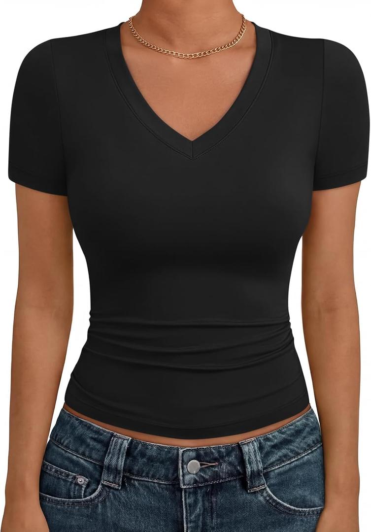 Trendy Queen Womens Basic V Neck Short Sleeve Spring T Shirts Slim Fit Crop Y2k Tee 2026 Summer Gym Workout Cute Top, Black, M
