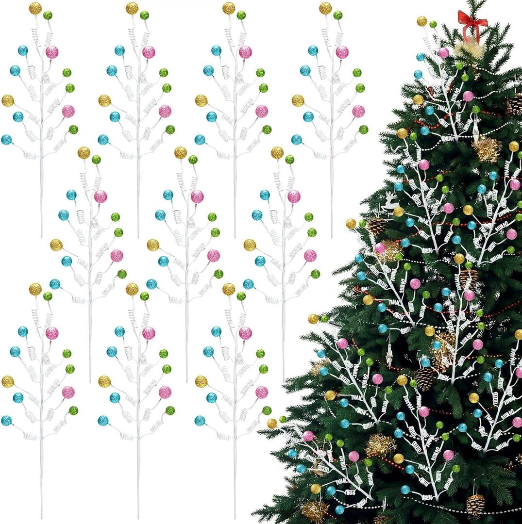 10 Pcs 16 Inch Pastel Christmas Tree Picks Spray Ornament Macaron Candy Christmas Tree Ball Picks Toppers for Xmas Home Wreath Vase Craft Holiday Party Filler Decorations