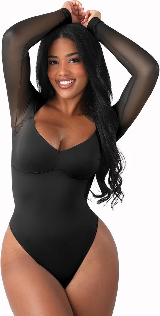FeelinGirl Long Sleeve Bodysuit for Women Sexy Mesh V Neck Body Suits Thong Corset Top Going Out Outfits for Party (Medium, Black)