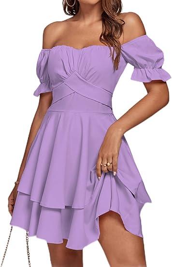 LYANER Women's Tie Back Off Shoulder Wrap Layer Ruffle Short Sleeve Mini Dress, L, Solid Light Purple