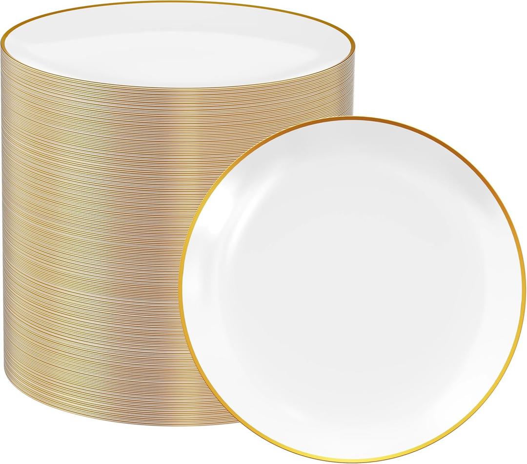 FOCUSLINE 100 Count Gold Plastic Plates 7 Inch, Disposable Heavy Duty Salad Dessert Plates, Premium Hard Plastic Plate Disposable with Gold Rim for Wedding Parties