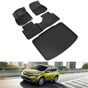 KIWI MASTER Floor Mats & Cargo Mat for 2017-2022 Honda CR-V (Tray in Lower Position), Custom Fit All Weather Car Mats, Heavy Duty TPE Floor Liners, Front & Rear & Tray Trunk Mat Set, Black