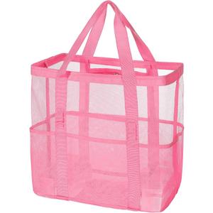 Mesh Beach Bag, Large Capacity Beach Tote, Multi Pockets, Sandproof, Pink - Pack of 2