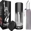 Vacuum Insulated Tumbler with Straw and Flip Lid Stainless Steel Water Bottle Iced Coffee Travel Mug Cup 15oz Gift Box Skyline Map (New York)