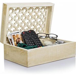 Mela Artisans Wooden Keepsake Box | Whitewash Mango Wood Memory & Photo Storage Box with Hinged Lid | Decorative Storage Box | Large | 9x6x3.5 Inch