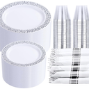 DaYammi 210PCS Silver Plastic Dinnerware Set for 30 Guests, Fancy Disposable Plates for Party, Include: 30 Dinner Plates, 30 Dessert Plates, 30 Pre Rolled Napkins with Silver Silverware, 30 Cups