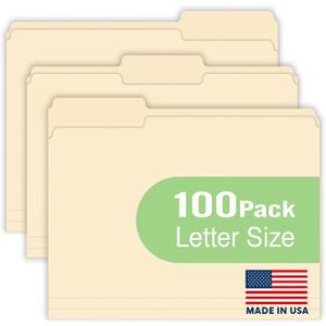 Woodlake Manila File Folders  Letter Size (8.5" x 11"), 1/3-Cut Oversized Tabs, 100 Pack, Heavyweight 120LB/220GSM Durable Paper Folders for Home, Office, School  Made in USA
