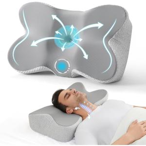 JOLLYVOGUE Cervical Neck Pillow for Pain Relief Memory Foam Side Sleeper Pillow with Cooling Pillowcase, Ergonomic Design for Back Stomach Sleepers, Medium, Grey