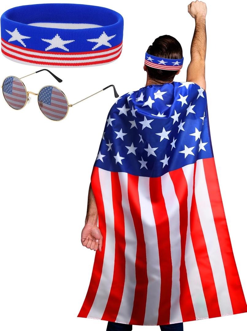 Frienda American Flag Costume Cape, 4th of July 250th Retro 80's USA Sunglasses and Flag Headband for 250th Anniversary