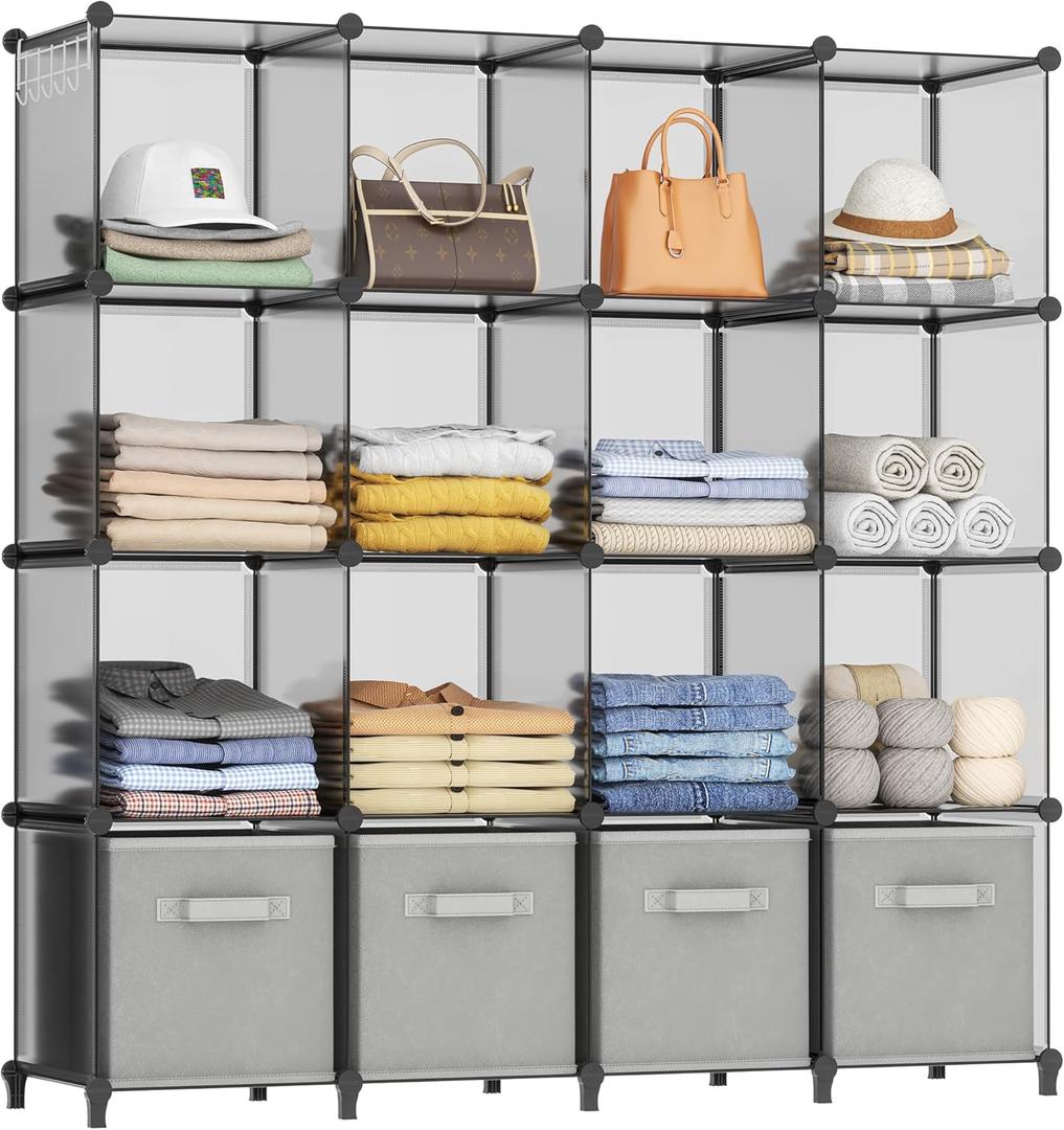 HOMIDEC Closet Organizers and Storage, 16 Cube Storage Organizer, Portable Closet Organizer Cubes Shelves for Clothes, Bedroom, Wardrobe, Kids Room, Bathroom, Grey (X-Large)