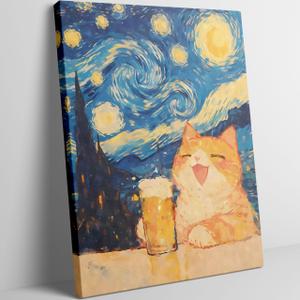Starry Night With Cartoon Cat Canvas Wall Art Night Starry Painting Picture Wall Decor Retro Cat Beer Poster Print Artwork Animal Cats Artworks for Bedroom Living Room Home Decoration