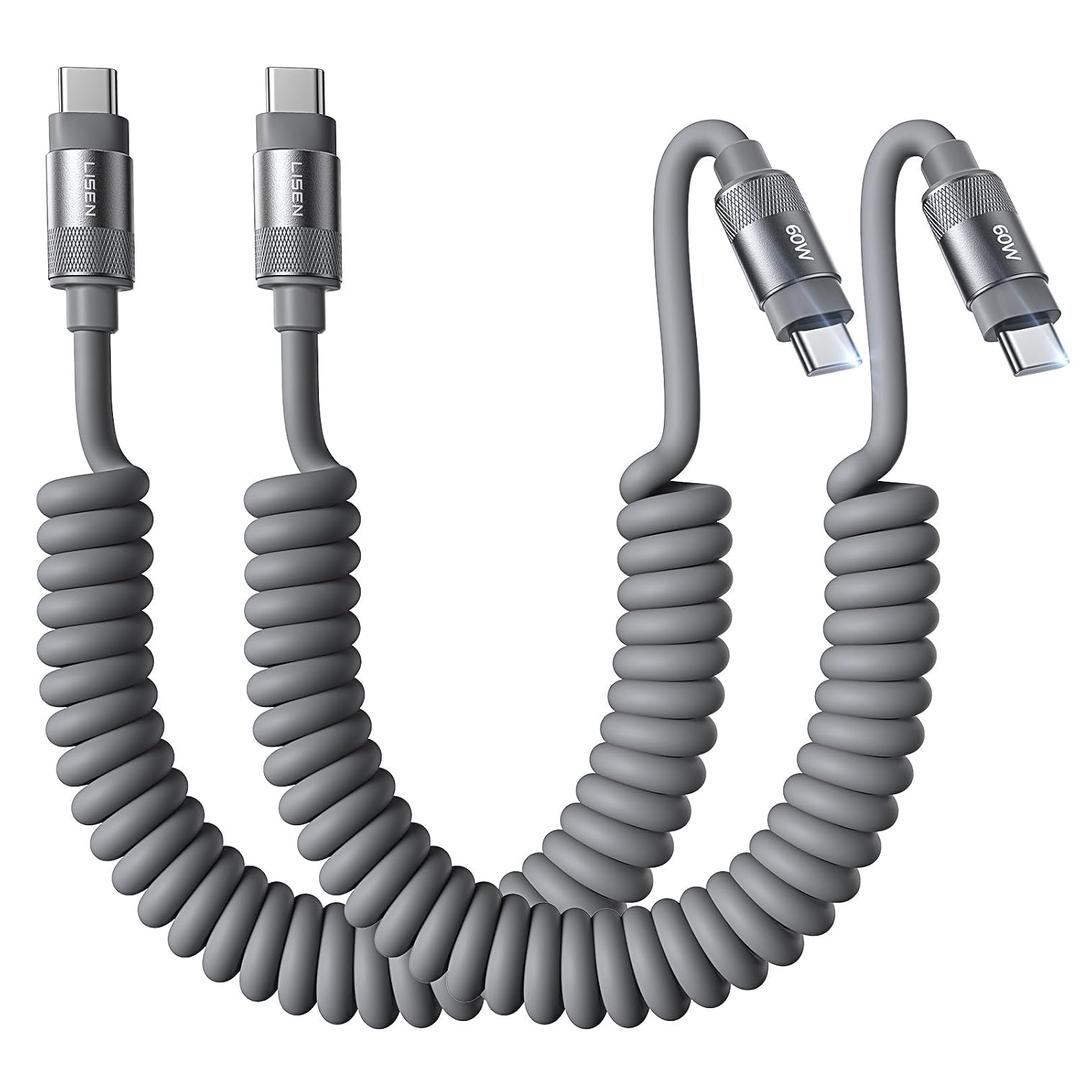 LISEN Coiled USB C Cable, Short Neat 2 Pack 60W C to C Cable Fast Charging for CarPlay & Android Auto, Durable Silicone USB C to USB C Cord for iPhone 17/16/15 Pro Max, Samsung Galaxy S25/S24, 3.5FT