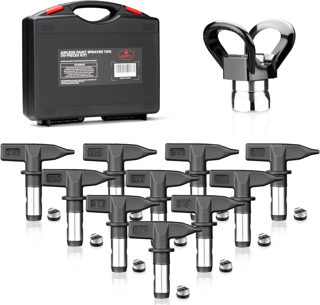 AEROPRO Tools 12Pcs Airless Paint Sprayer Tips Set, 10 Reversible Spray Nozzle Tips, 1pc Nozzle Tip Guard, 1pc Storage Box(210,215,310,313,315,317,413,417,515,517)