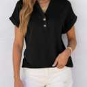 ANRABESS Womens Short Sleeve Henley Tops V Neck Dressy Casual Blouses Summer Trendy Tee Shirts 2026 Vacation Fashion Clothes (Black, L)