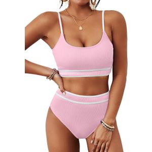 BMJL Women's High Waisted Bikini Ribbed Two Piece Swimsuit High Cut Color Block Adjustable Straps Bathing Suit (Pink, S)