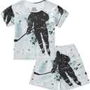 ALAZA Black Ice Hockey Player Watercolor Pajamas Set Short Sleeve Cotton Sleepwear Summer Pjs 2 Piece 12Y