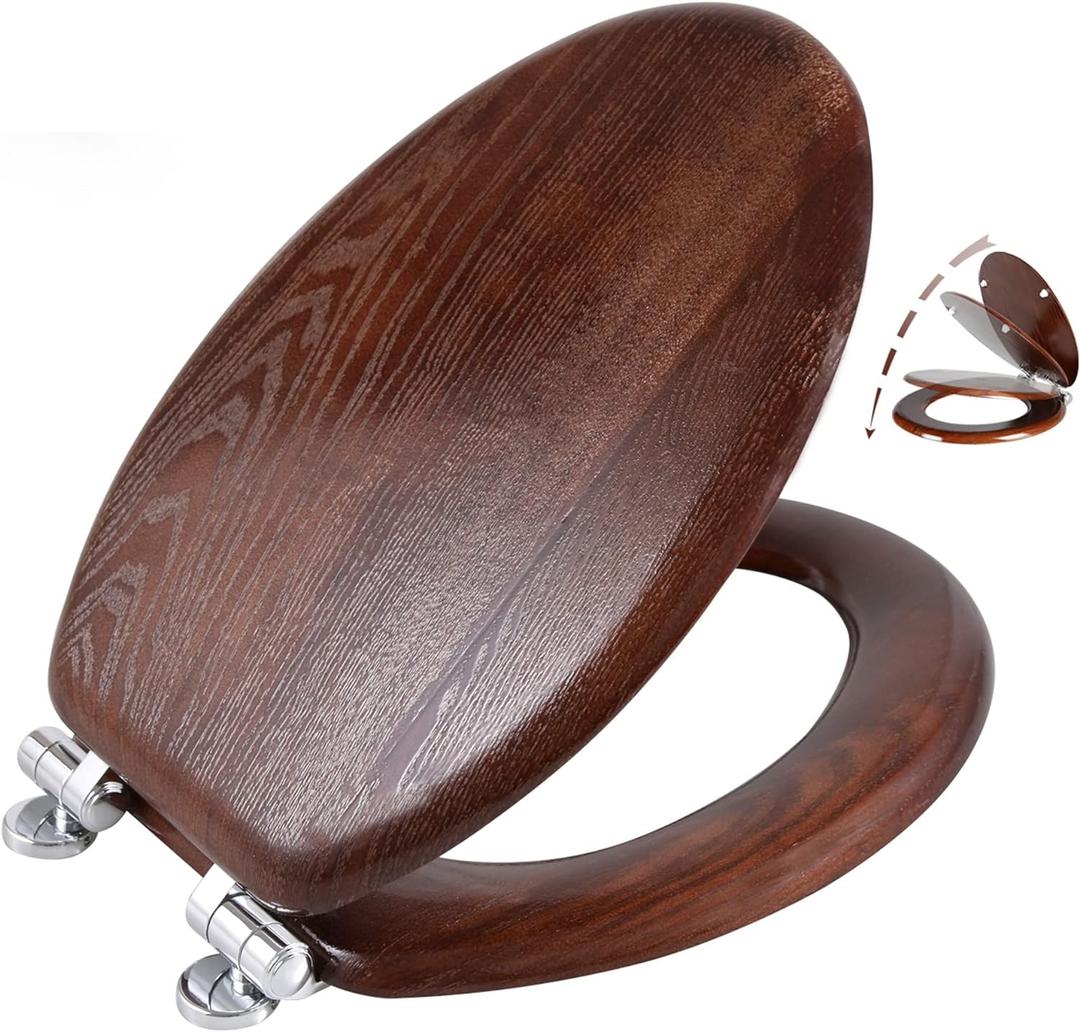 Angel Shield Elongated Wood Toilet Seat with Quiet Close,Easy Clean,Quick-Release Hinges(Elongated,Dark Walnut) (Elongated-18.5")