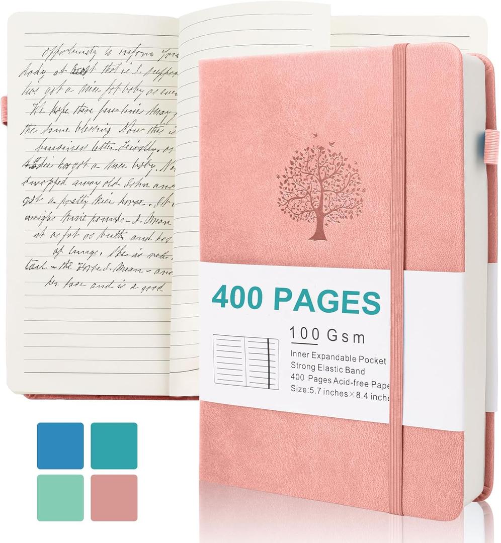 Journals for Writing, A5 Leather Ruled Notebook with 400 Pages, 100 Gms College Ruled Journal with Thick Paper, Hardcover with Inner Pocket & Pen Holder, Pink