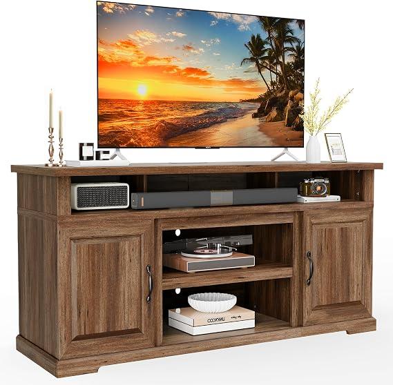 Marsail 70" Rustic Farmhouse TV Stand, Entertainment Center Fits TVs up to 80 Inch, Storage Cabinets, Adjustable Shelves & Built-in Power Outlets, for Living Room, Dark Brown,  Size 14.2" W x 70" L x 29" H Item Weight 96.3 pounds