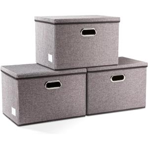 PRANDOM Large Collapsible Storage Bins with Lids [3-Pack] Linen Fabric Foldable Storage Boxes Organizer Containers Baskets Cube with Cover for Home Bedroom Closet Office Nursery (17.7x11.8x11.8) (Gray)