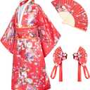 Japanese Traditional Dress Kimono Robe for Kids Girls Costume (6-7Years(130cm), Type1-red)