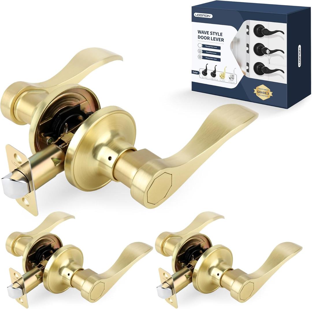 Wave Style Door Lever, Brushed Gold Passage Door Handle, 3 Pack Wholesale Keyless Gold Interior Lever Reversible for Left/Right Handed for Hallway and Closet with Satin Brass Finish