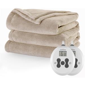 Sunbeam Electric Royal Luxe Microplush Heated Blanket 12 Heat Settings, 12-Hour Selectable Auto Shut-Off, Fast Heating, Warm and Cozy, Sandstone Color, Queen, 90" x 84"