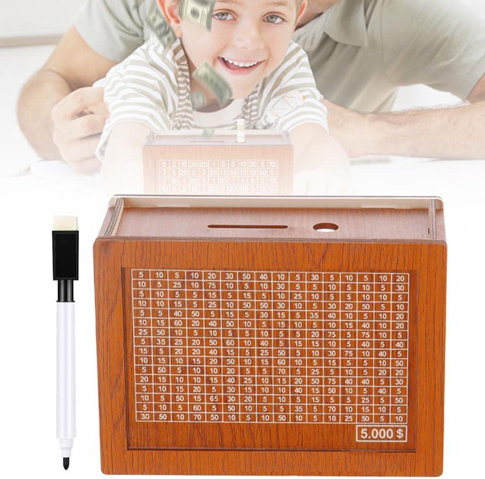 2025 New Cash Vault Wooden Savings Box, Wooden Cash Saver Money Box, Money Box with Counter, Wooden Money Saving Challenge Box with Money Target and Numbers for Boys and Girls (5000)