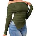 SOLY HUX Women's Off The Shoulder T Shirt Long Sleeve Asymmetrical Ruched Fitted Tee Going Out Tops Pure Army Green Large (Green, L)