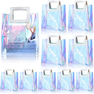 Cindeer 20 Pack Iridescent Gift Bags with Handles - Clear Holographic Tote Bag, Goodie, PVC Gift Wrap for Party, Birthday, Wedding, Baby Shower, Bridal Party Favor(7 x 4 x 8 Inch)