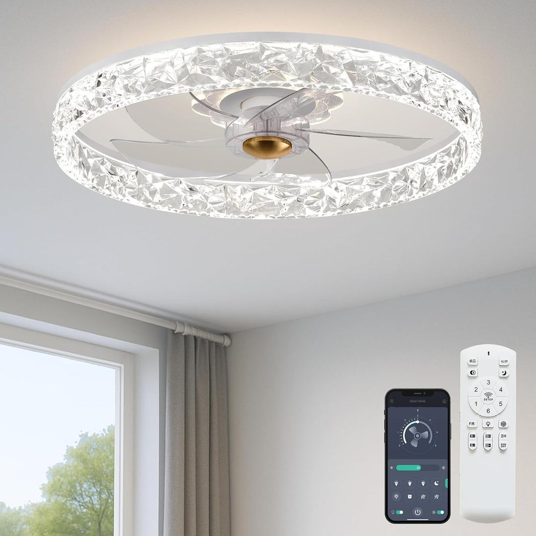Fszdorj 20'' Ceiling Fan with Light, Upgraded Low Profile Fan, Flush Mount Ceiling Fan, 6 Speeds, Dimmable LED, App & Remote Control, Quiet DC Motor, for Bedroom, Living Room, F098 White
