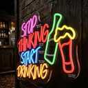 Stop Thinking Start Drinking Neon Sign, 17" x 12.4" USB Powered LED Neon Light with Beer Bottle & Glass, Colorful Funny Bar Neon Signs for Wall Decor, Perfect for Home Bar, Man Cave, Pub, Party, Bedroom, Wall Art