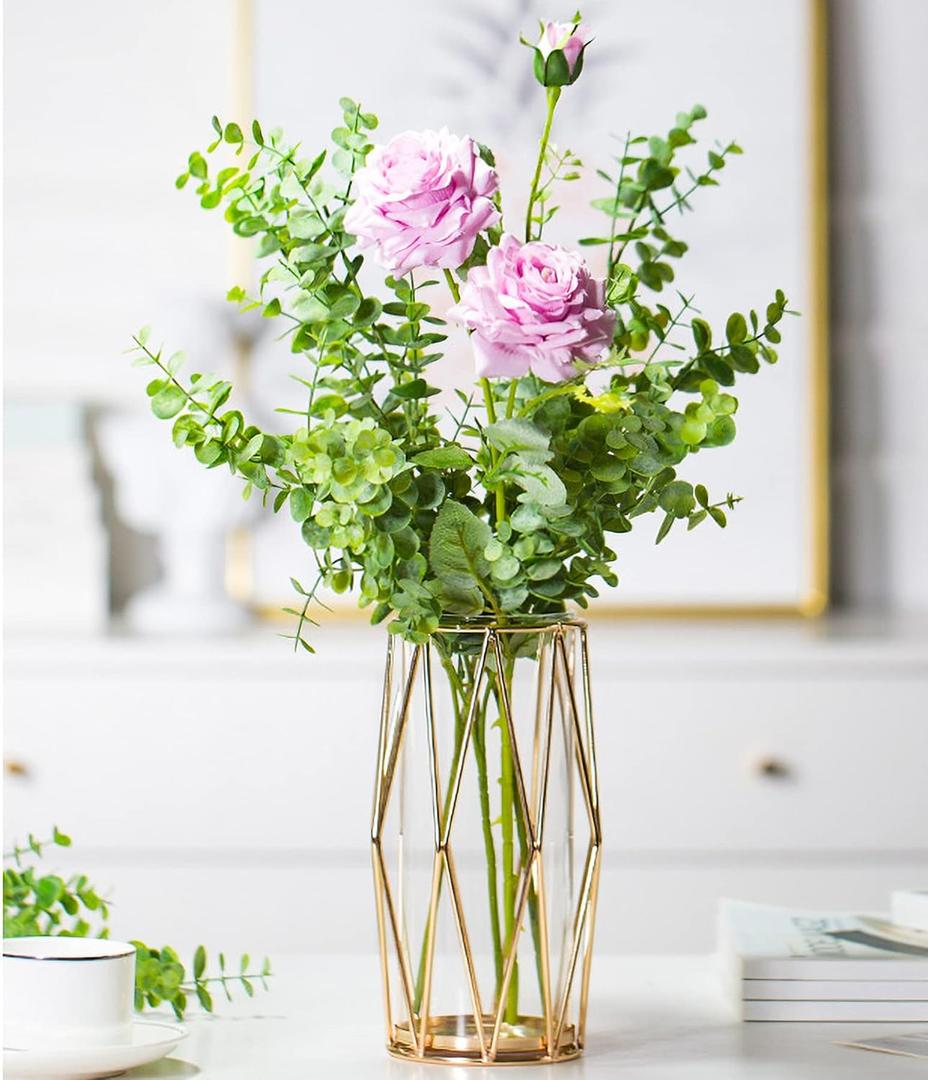 FSyueyun Gold Flower Glass Vases for Centerpieces with Premium Metal Rack, Modern Large Vases Home Decor Living Room or Wedding Centerpiece (8.7 Inches Tall)