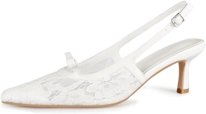 MAVMAX Slingback Mesh Lace Heels for Women Kitten Heels Pumps with Buckle Bow Tie Pointed Close Toe Dress Casual Office Party Shoes, Mesh White, US 7.5
