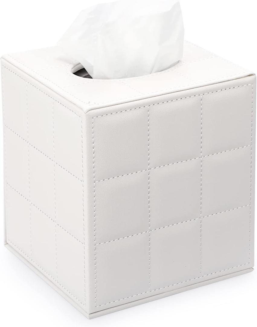 Sumnacon Square Leather Tissue Box Cover - Stylish Cube Tissue Box Holder with Magnetic Bottom, Decorative PU Tissue Box for Vanity Dresser Night Stand Table Countertop Home Office Car, Grid White