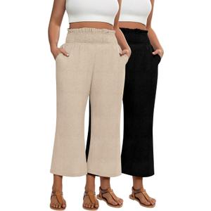 2 Pack Women's Plus Size Linen Pants, Elastic Waist Flowy Cropped Pants Casual Wide Leg Capri Palazzo Trousers (3X-Large, Khaki, Black)
