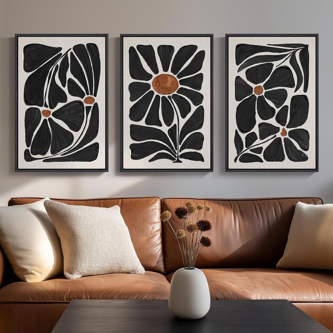 Framed Black and White Abstract Wall Art, 3 Piece Black Boho Floral Botanical Canvas Prints Painting for Living Room, Mid Century Modern Flower Artwork for Bedroom Hallway Office Home Decor, 16x24, 16" W x 24" H x 3Pcs