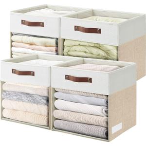 Bagnizer Storage Cubes, 4 Pack Linen Foldable Storage Bins with Clear Window and 2 Handles, 13x15x13 Storage Cube Bins for Shelf Closet, Kallax, Clothes, Books - (Beige / Off-White)