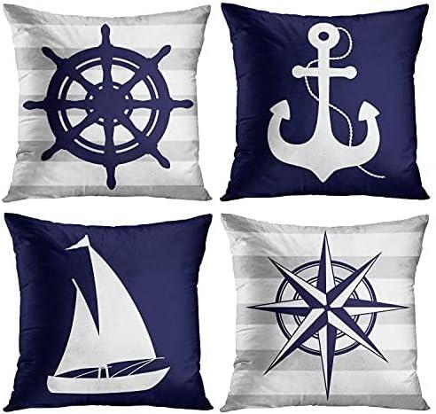 Emvency Set of 4 Throw Pillow Covers Summer Nautical Costal Navy Blue White and Gray Stripe Helm Anchor Boat Star Decorative Pillow Cases Home Decor Standard Square 16x16 Inches Pillowcases