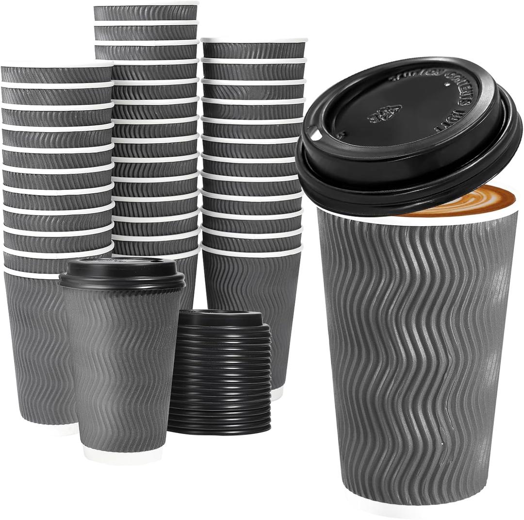 Lamosi 50 Pack 16 oz Insulated Disposable Coffee Cups with Lids, To Go Paper Coffee Cups with Lids, Corrugated Ripple Wall Cup for Hot Drink, Office, Coffee Bar (Gray)